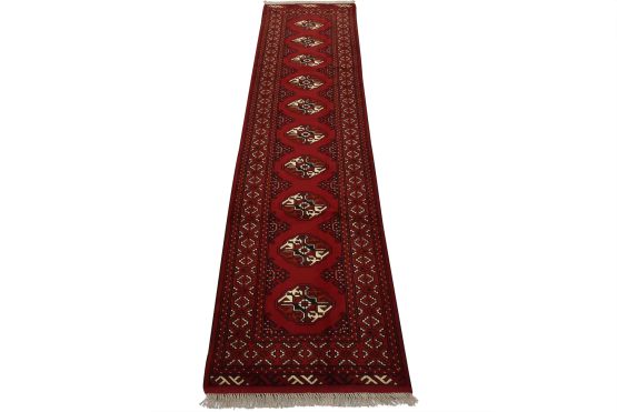 Turkmen Runner 2'6'' x 9'7'' Red Wool Vintage Tribal Hand-Knotted Oriental Rug