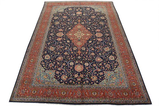Sarouk Rug 10' x 13'5'' Blue Wool Vintage Traditional Hand-Knotted Carpet