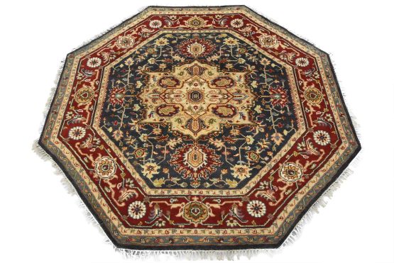 Heriz Rug 7'10'' x 7'8'' Blue Wool Traditional Hand-Knotted Oriental Carpet