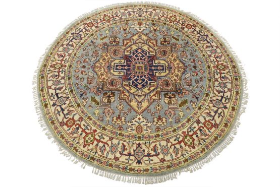 Heriz Rug 7'9'' x 7'8'' Blue Wool Tribal Hand-Knotted Oriental Carpet