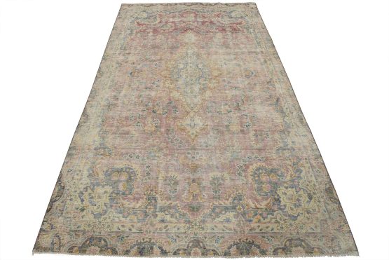 Kerman Rug 6'4'' x 10'4'' Pink Wool Vintage Distressed Hand-Knotted Carpet