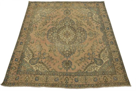 Tabriz Rug 9'3'' x 9'2'' Pink Wool Vintage Distressed Hand-Knotted Carpet