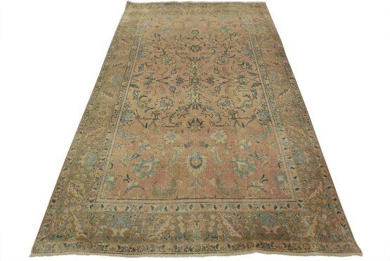Tabriz Rug 6'4'' x 9'9'' Pink Wool Vintage Distressed Hand-Knotted Carpet