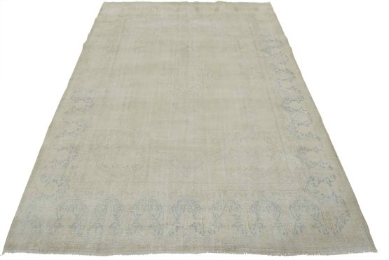 Kerman Rug 9'5'' x 12' Ivory Wool Vintage Distressed Hand-Knotted Carpet