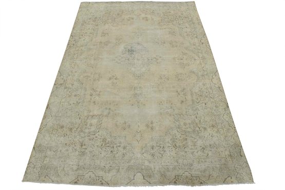 Tabriz Rug 7'5'' x 10'8'' Beige Wool Vintage Distressed Hand-Knotted Carpet