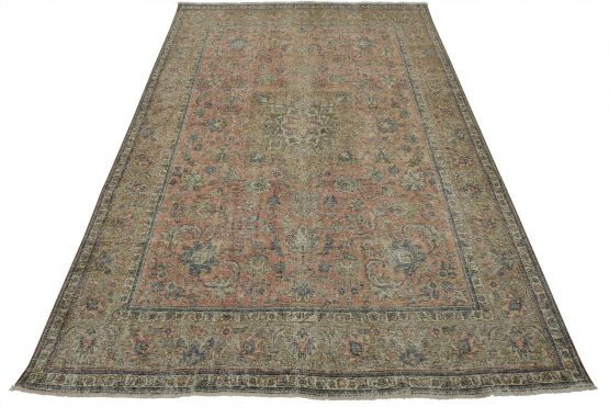 Tabriz Rug 8'8'' x 11'7'' Pink Wool Vintage Distressed Hand-Knotted Carpet