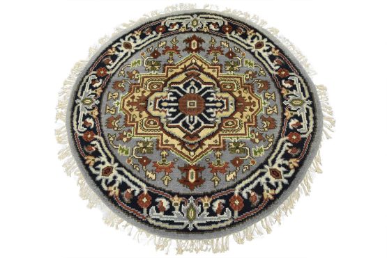 Heriz Rug 4' x 4' Blue Wool Tribal Hand-Knotted Oriental Carpet