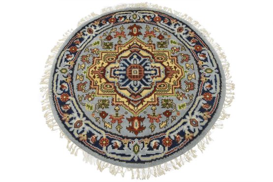 Heriz Rug 4' x 4'1'' Blue Wool Tribal Hand-Knotted Oriental Carpet