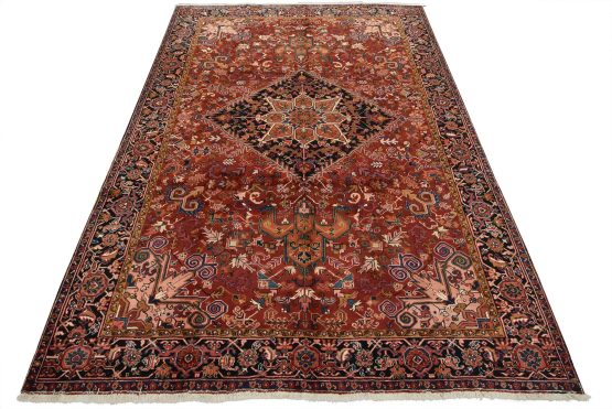 Heriz Rug 8'8'' x 12'1'' Red Wool Vintage Traditional Hand-Knotted Carpet