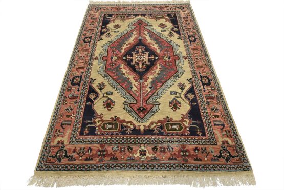 Heriz Rug 5'11'' x 8'9'' Beige Wool Vintage Traditional Hand-Knotted Carpet