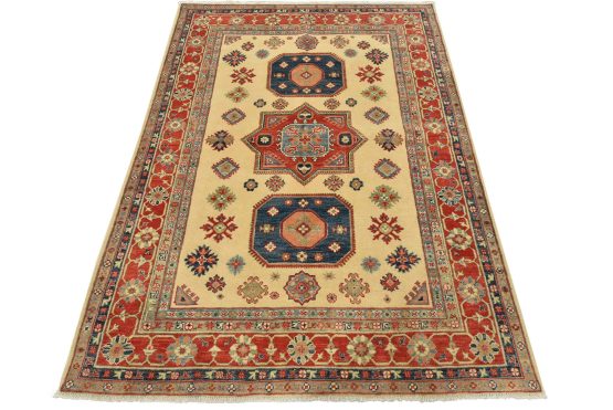 Kazak Rug 5'8'' x 7'7'' Beige Wool Tribal Hand-Knotted Oriental Carpet