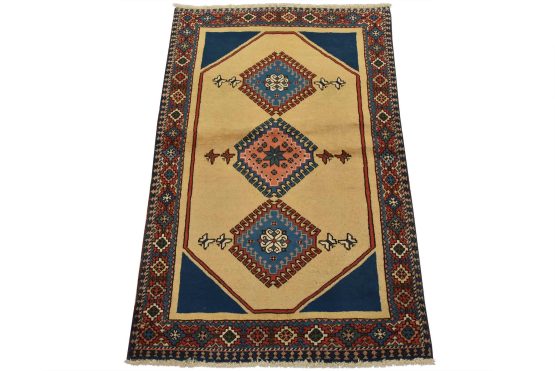 Yalameh Rug 2'9'' x 4'2'' Beige Wool Vintage Tribal Hand-Knotted Carpet
