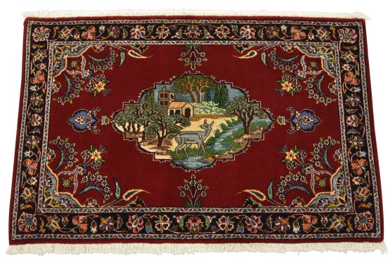 Kashan Rug 2'2'' x 3'5'' Red Wool/Silk Vintage Traditional Hand-Knotted Carpet