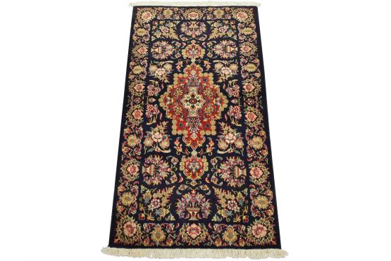 Qom Rug 2'7'' x 4'9'' Blue Wool Vintage Traditional Hand-Knotted Carpet