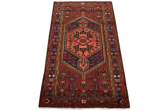 Hamedan Rug 3'3'' x 5'4'' Red Wool Vintage Tribal Hand-Knotted Carpet
