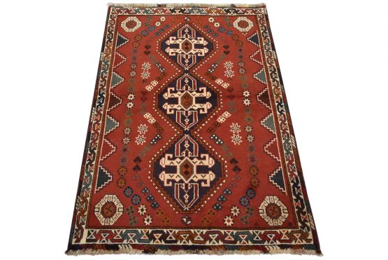 Shiraz Rug 3'9'' x 5'3'' Red Wool Vintage Tribal Hand-Knotted Oriental Carpet