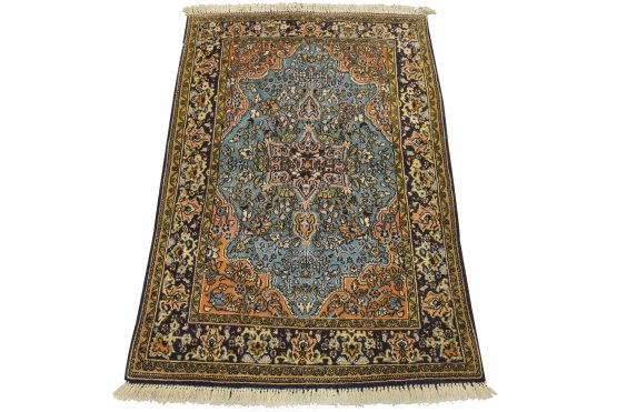 Qom Rug 3'7'' x 5'3'' Blue Wool Vintage Traditional Hand-Knotted Carpet