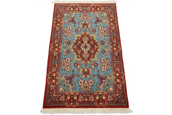 Qom Rug 2'7'' x 4'2'' Blue Wool Vintage Traditional Hand-Knotted Carpet