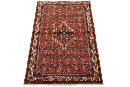 Hamedan Rug 3'5'' x 4'10'' Red Wool Vintage Tribal Hand-Knotted Carpet