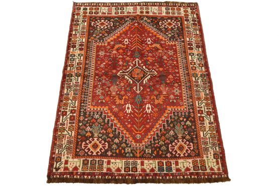 Shiraz Rug 3'10'' x 5' Red Wool Vintage Tribal Hand-Knotted Oriental Carpet