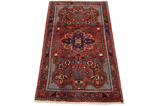 Hamedan Rug 2'10'' x 4'6'' Red Wool Vintage Tribal Hand-Knotted Carpet