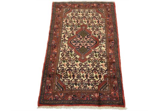 Hamedan Rug 2'7'' x 4'2'' Ivory Wool Vintage Tribal Hand-Knotted Carpet