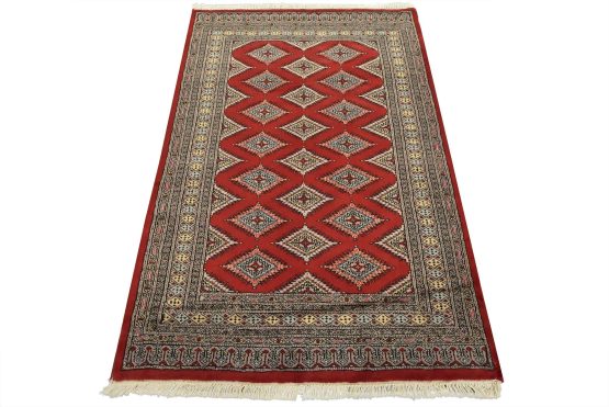 Bokhara Jaldar Rug 4'1'' x 6'2'' Red Wool Tribal Hand-Knotted Oriental Carpet