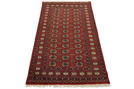Bokhara Rug 4'1'' x 6'5'' Red Wool Tribal Hand-Knotted Oriental Carpet