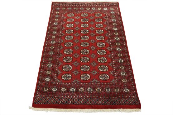 Bokhara Rug 4'1'' x 6' Red Wool Tribal Hand-Knotted Oriental Carpet