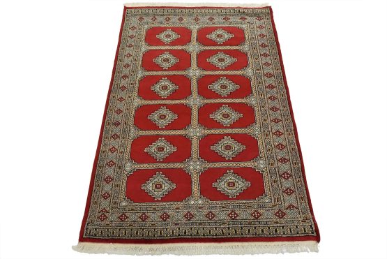 Bokhara Jaldar Rug 4'2'' x 6'2'' Red Wool Tribal Hand-Knotted Oriental Carpet