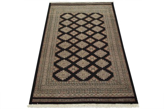 Bokhara Rug 4'2'' x 6'1'' Black Wool Tribal Hand-Knotted Oriental Carpet