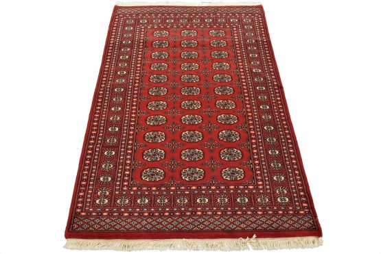 Bokhara Rug 4'2'' x 6'1'' Red Wool Tribal Hand-Knotted Oriental Carpet