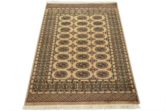 Bokhara Rug 4'2'' x 5'6'' Beige Wool Tribal Hand-Knotted Oriental Carpet