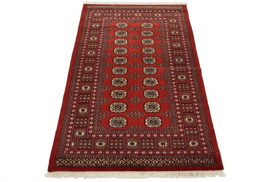 Bokhara Rug 4'2'' x 6'2'' Red Wool Tribal Hand-Knotted Oriental Carpet