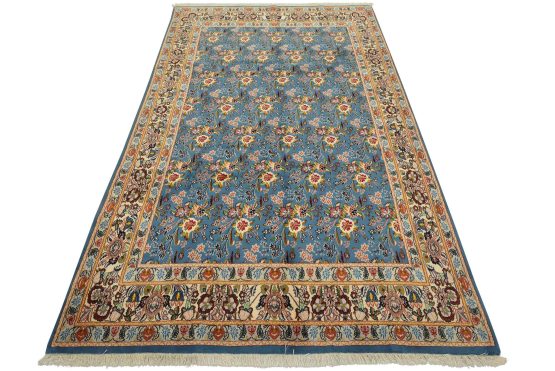 Mashad Rug 6'5'' x 9'8'' Blue Wool Vintage Traditional Hand-Knotted Carpet
