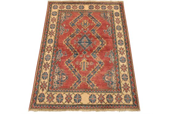 Kazak Rug 3'6'' x 4'8'' Red Wool Tribal Hand-Knotted Oriental Carpet
