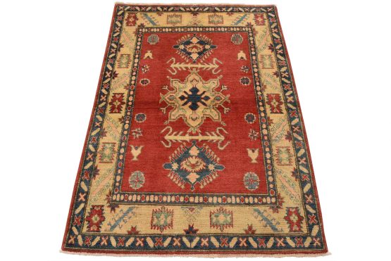 Kazak Rug 3'11'' x 5'7'' Red Wool Tribal Hand-Knotted Oriental Carpet
