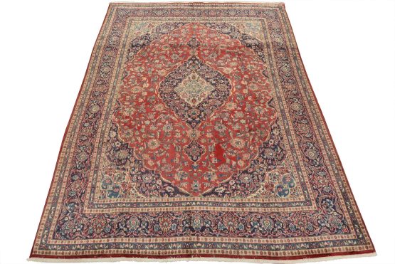 Kashan Rug 9'8'' x 12'8'' Red Wool Vintage Traditional Hand-Knotted Carpet