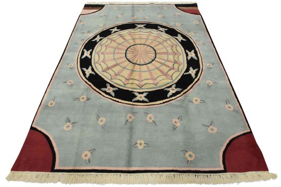 Art Deco Rug 7'3'' x 9'9'' Blue Wool Hand-Knotted Oriental Carpet