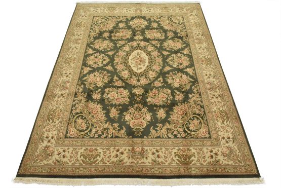 Tabriz Rug 7'10'' x 9'11'' Green Wool Vintage Traditional Hand-Knotted Carpet