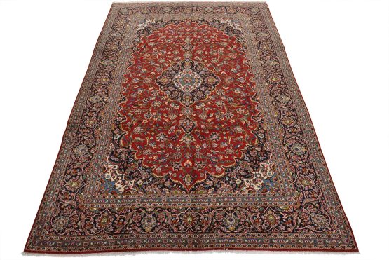 Kashan Rug 9'10'' x 13'9'' Red Wool Vintage Traditional Hand-Knotted Carpet