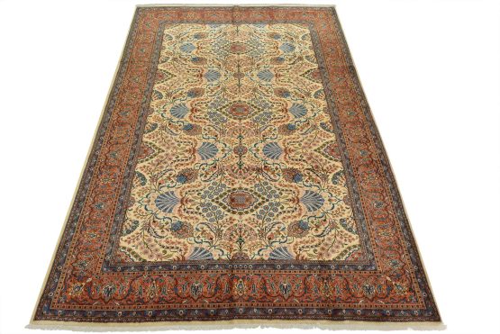 Sarouk Rug 9'8'' x 13'8'' Ivory Wool Vintage Traditional Hand-Knotted Carpet