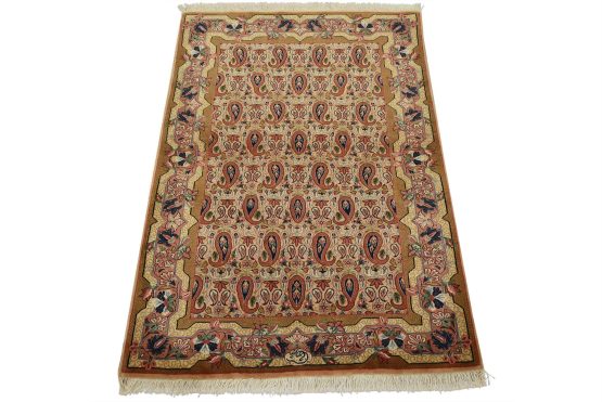 Qom Rug 3'6'' x 5'1'' Beige Wool Vintage Traditional Hand-Knotted Carpet
