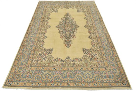 Kerman Rug 8'11'' x 12' Ivory Wool Vintage Traditional Hand-Knotted Carpet