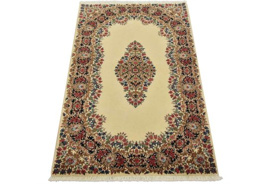 Kerman Rug 3'5'' x 5'1'' Ivory Wool Vintage Traditional Hand-Knotted Carpet