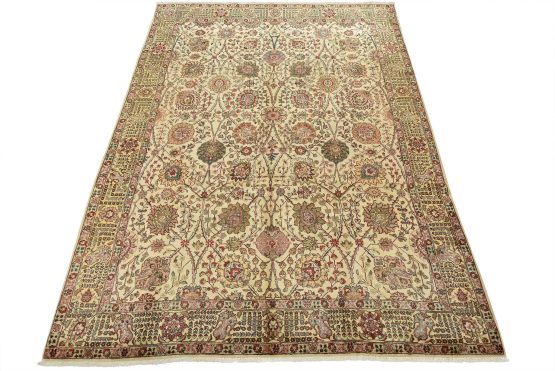 Tabriz Rug 9'3'' x 12'8'' Beige Wool Vintage Traditional Hand-Knotted Carpet