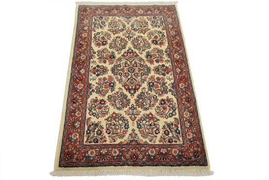 Sarouk Rug 3'7'' x 5'3'' Ivory Wool Vintage Traditional Hand-Knotted Carpet