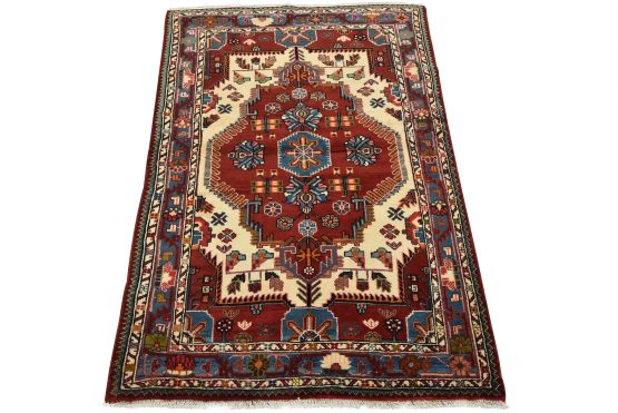 Zanjan Rug 4' x 5'8'' Red Wool Vintage Tribal Hand-Knotted Oriental Carpet