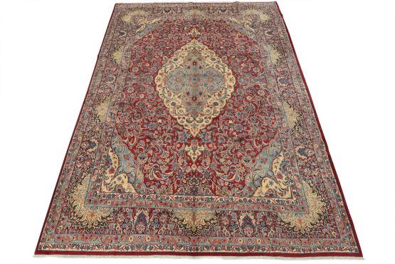 Kerman Rug 9'5'' x 13'1'' Red Wool Vintage Traditional Hand-Knotted Carpet