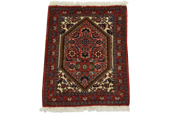 Bidjar Rug 1'6'' x 1'10'' Red Wool Vintage Traditional Hand-Knotted Carpet